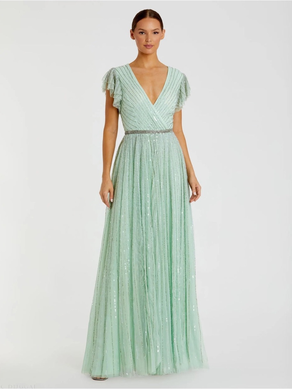 Sequined Wrap Over Ruffled Cap Sleeve Gown $798. 5502
